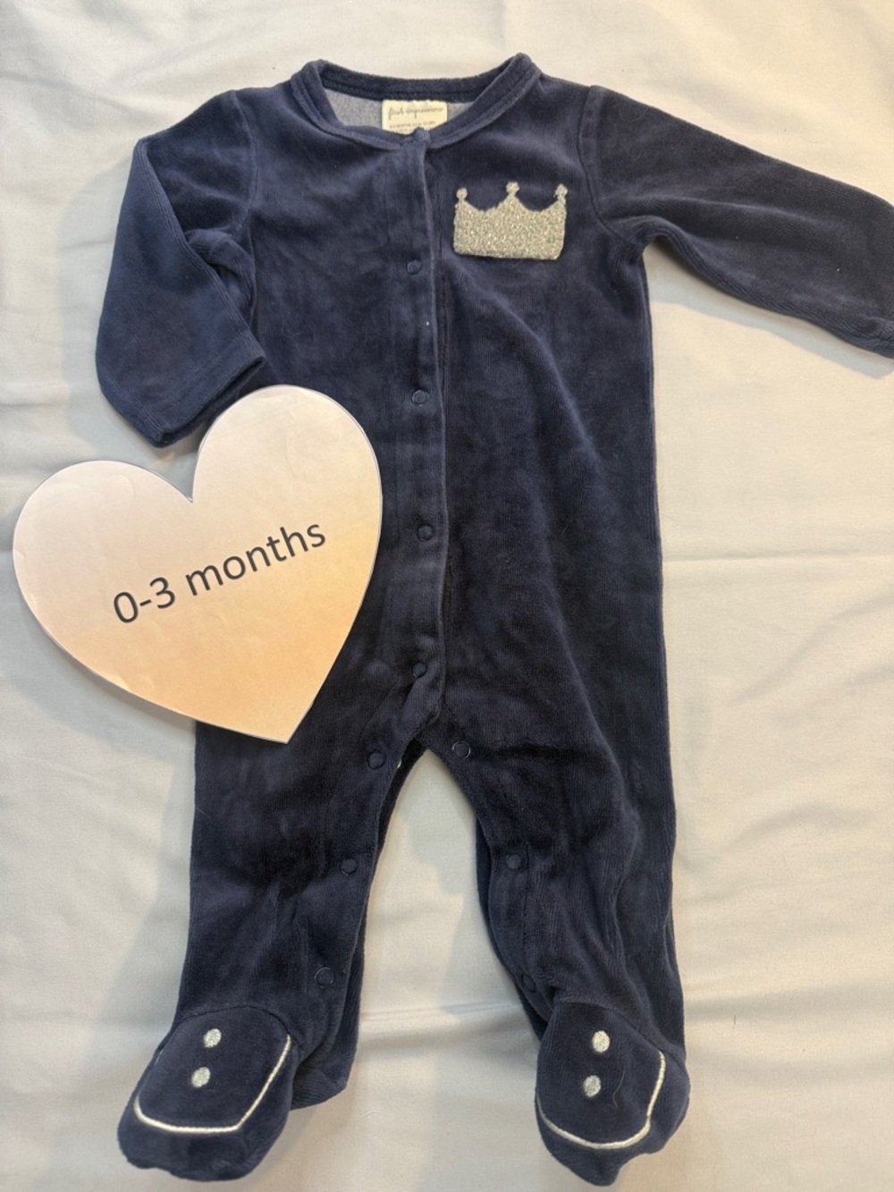 First Impressions - 0-3M - Navy Blue Velour Onesie Sleeper with Crown Patch